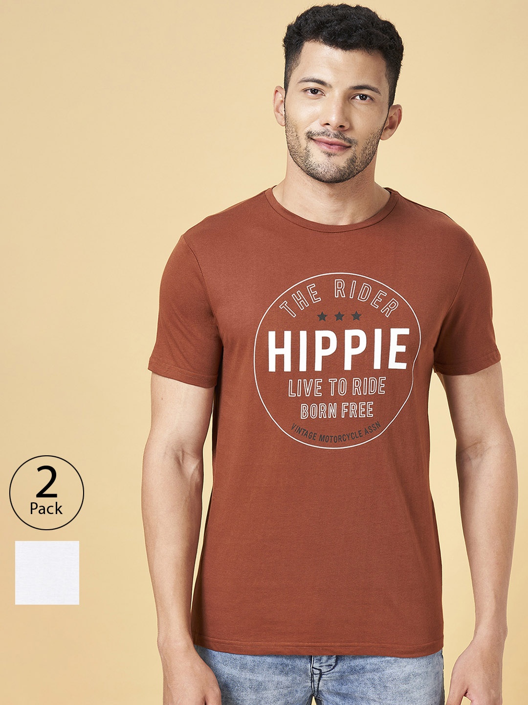 

People Men Off White & Brown Pack Of 2 Typography Printed T-shirt