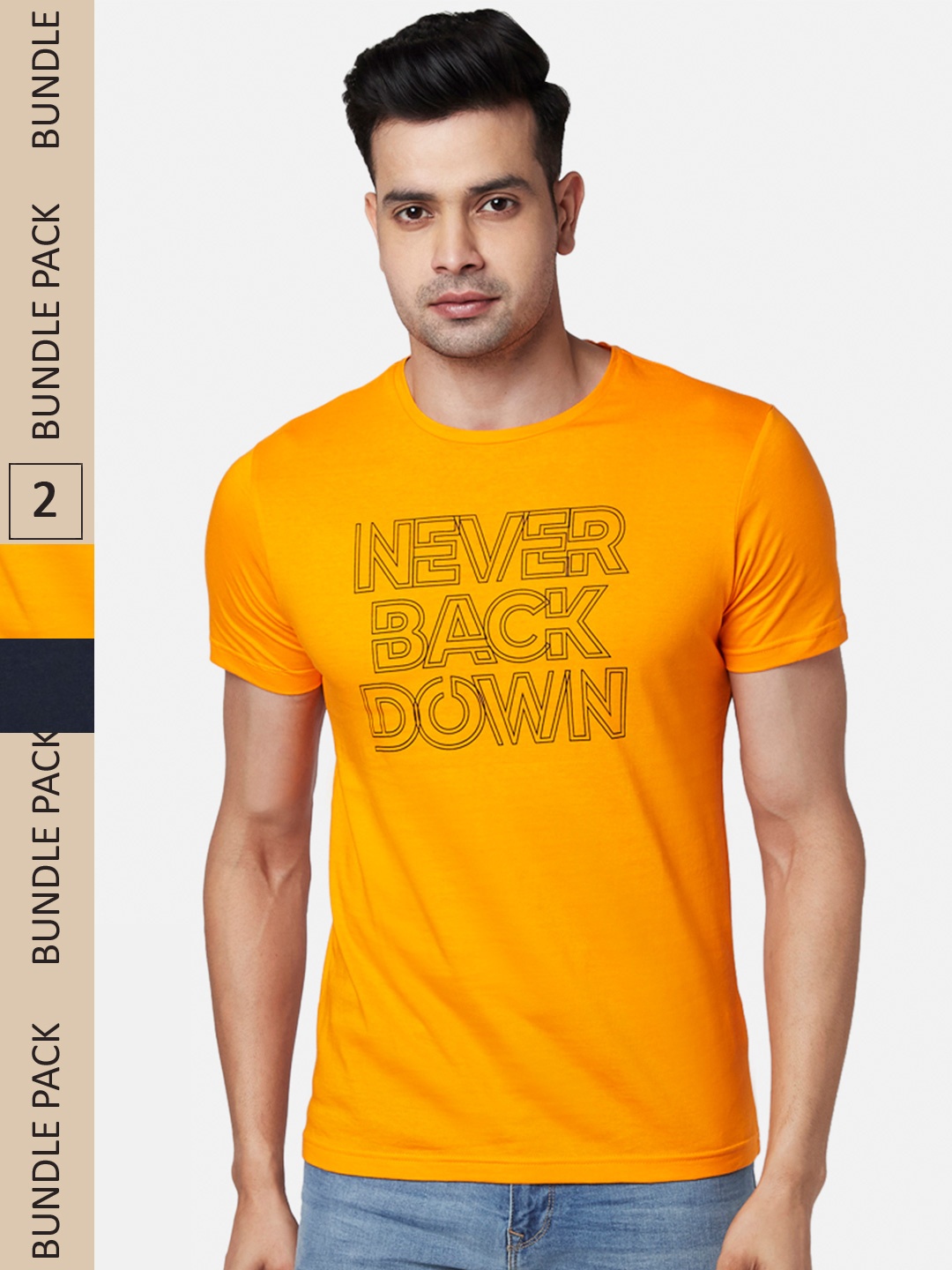 

People Men Orange & Navy Blue Pack Of 2 Printed Pure Cotton T-shirt