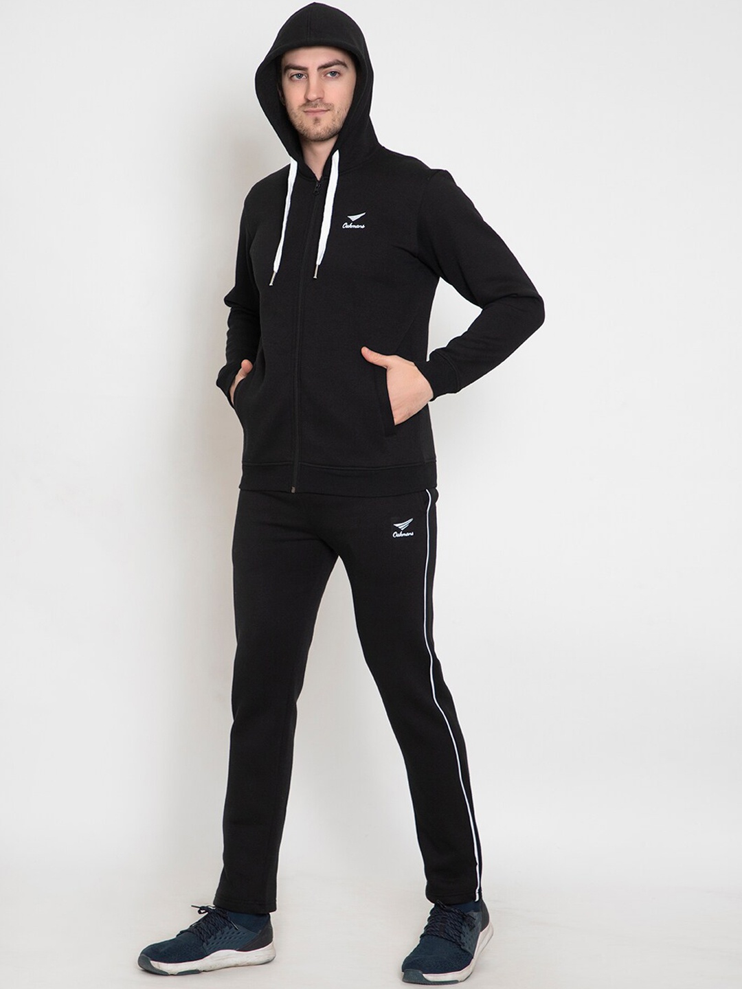 

Oakmans Men Black Striped Fleece Zipper Tracksuit