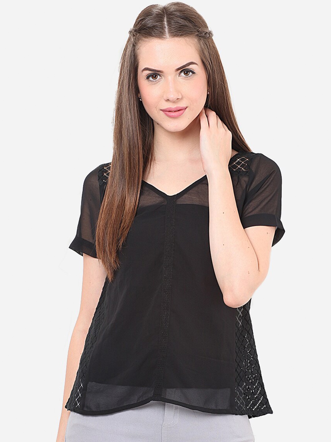 

Porsorte Women Black V-Neck Lace Inserts Detail Top