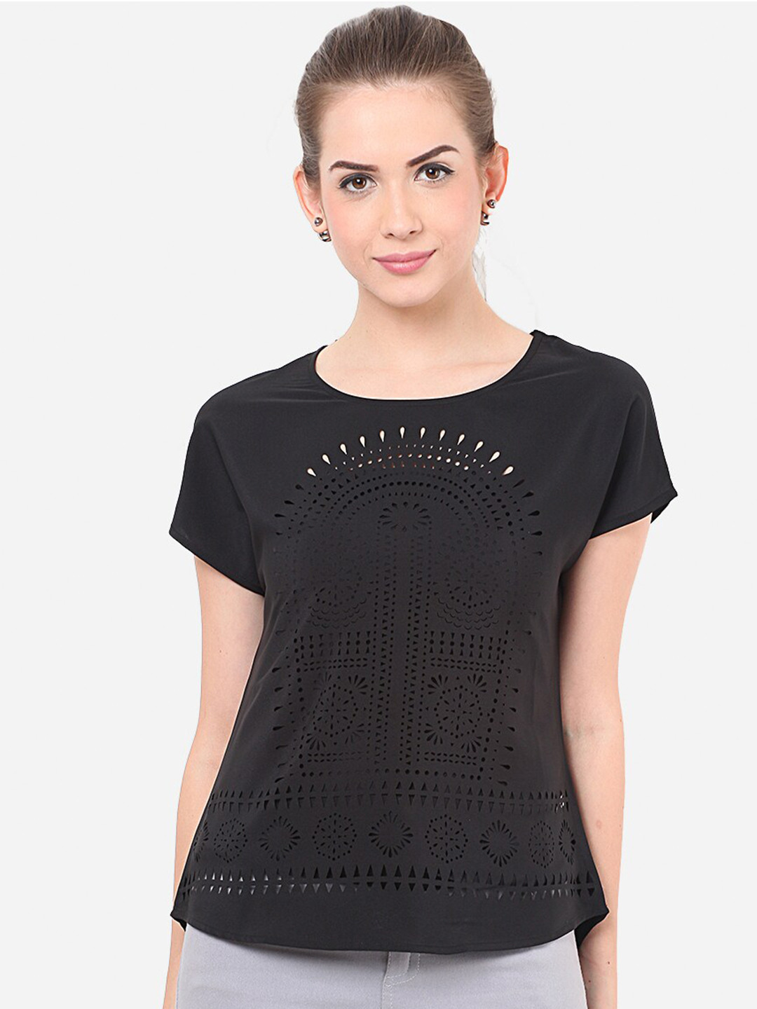 

Porsorte Women Black Embellished Front Laser Cut Top