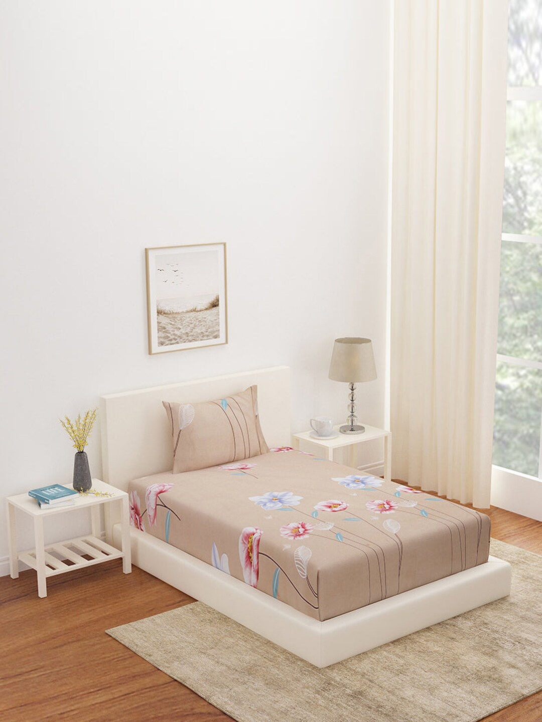 

Athome by Nilkamal Beige & Purple Floral 180 TC Single Bedsheet with 2 Pillow Covers