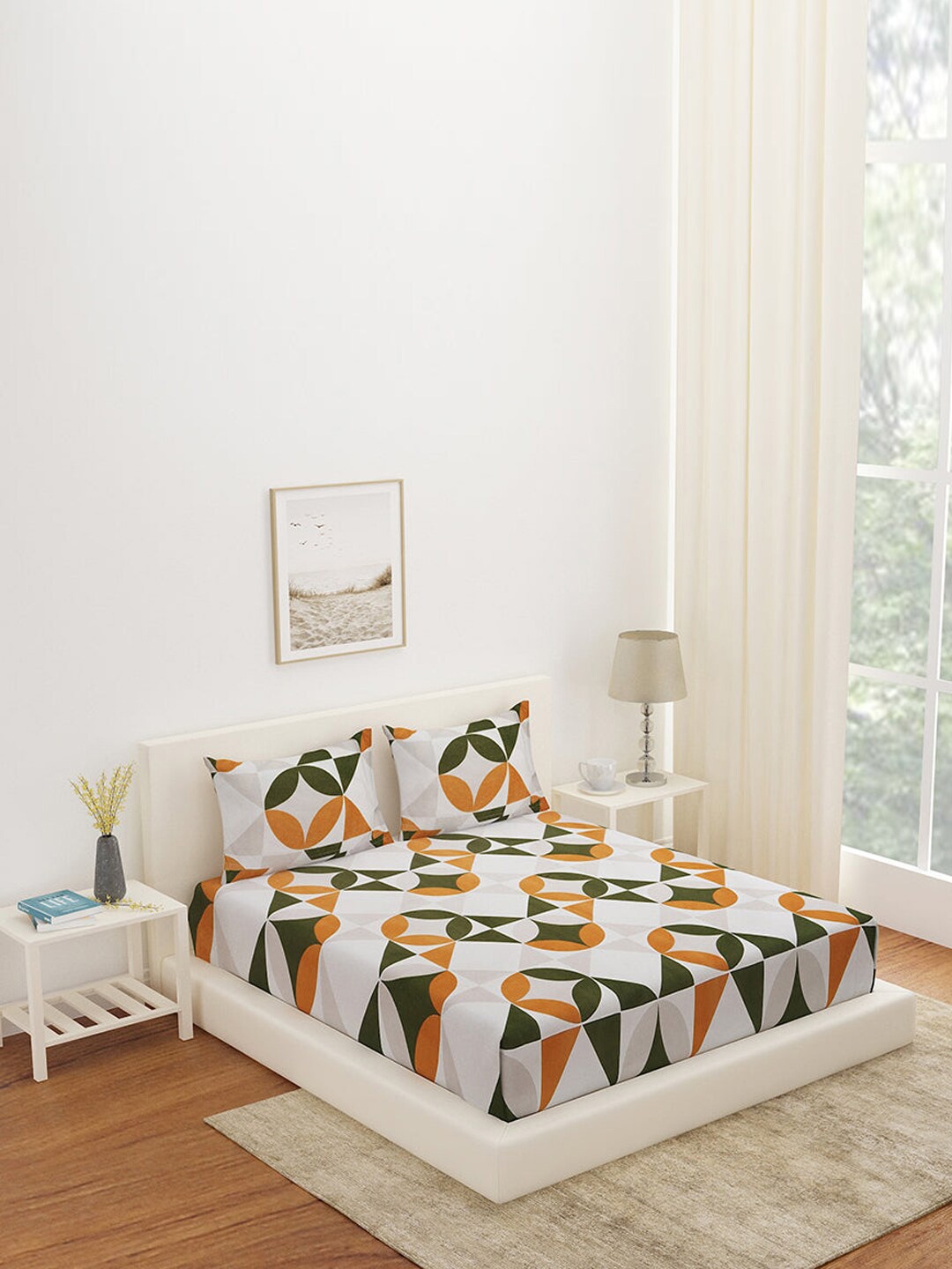 

Athome by Nilkamal Grey & Orange Geometric 180 TC Queen Bedsheet with 2 Pillow Covers