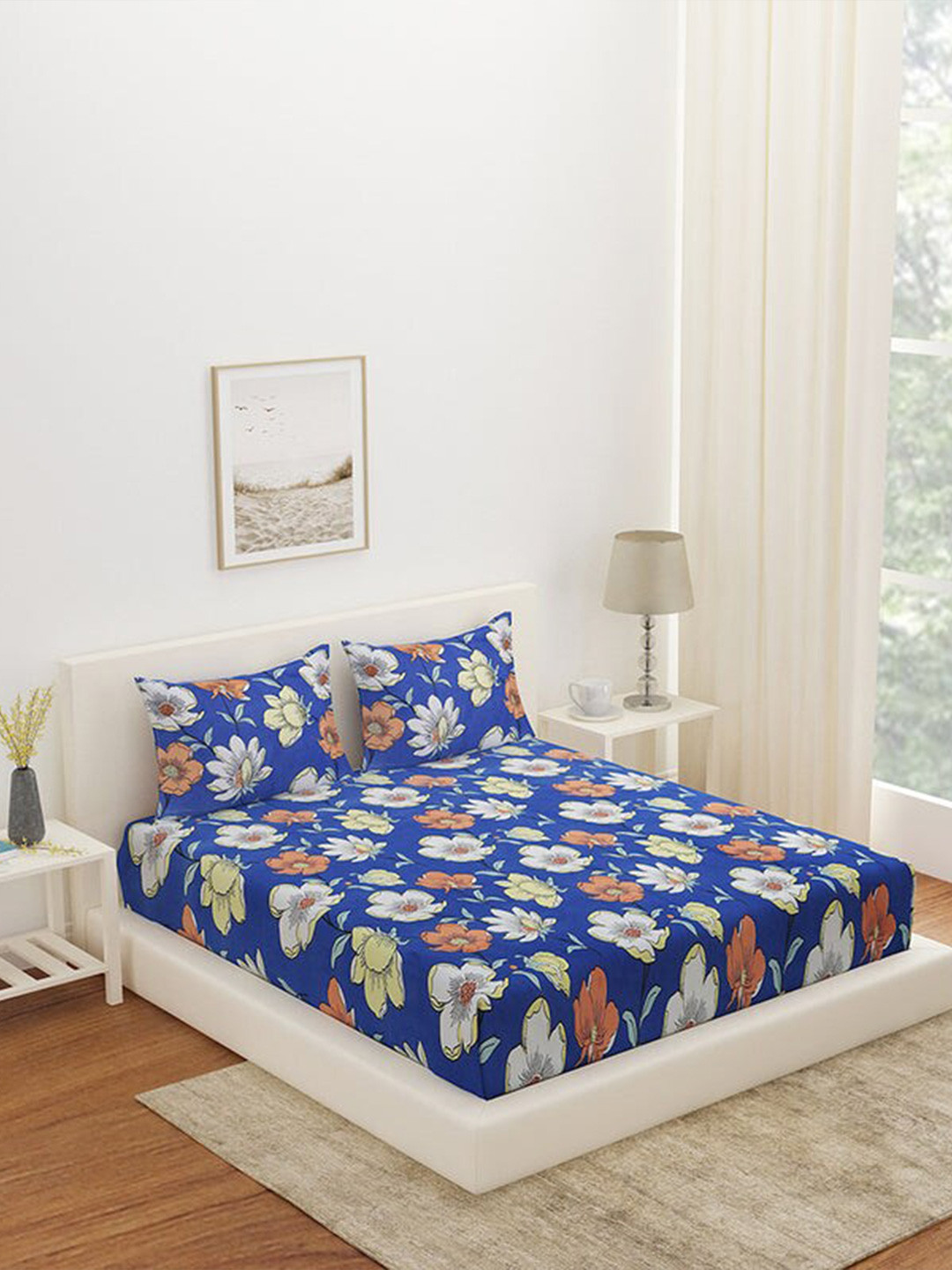 

Athome by Nilkamal Blue & Brown Floral 180 TC Queen Bedsheet with 2 Pillow Covers