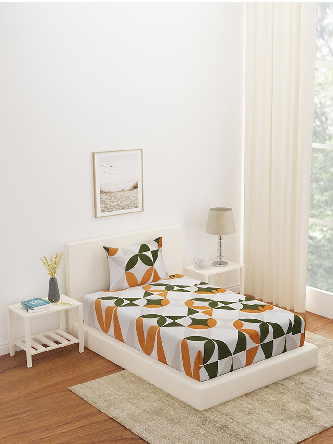

Athome by Nilkamal Grey & Orange Geometric 180 TC Single Bedsheet with 2 Pillow Covers