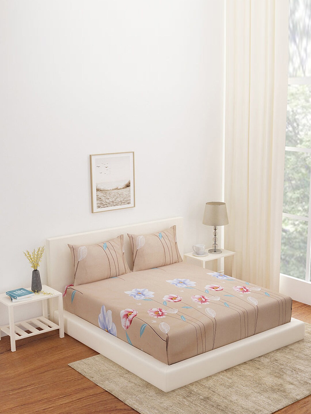 

Athome by Nilkamal Beige & Pink Floral 180 TC Queen Bedsheet with 2 Pillow Covers