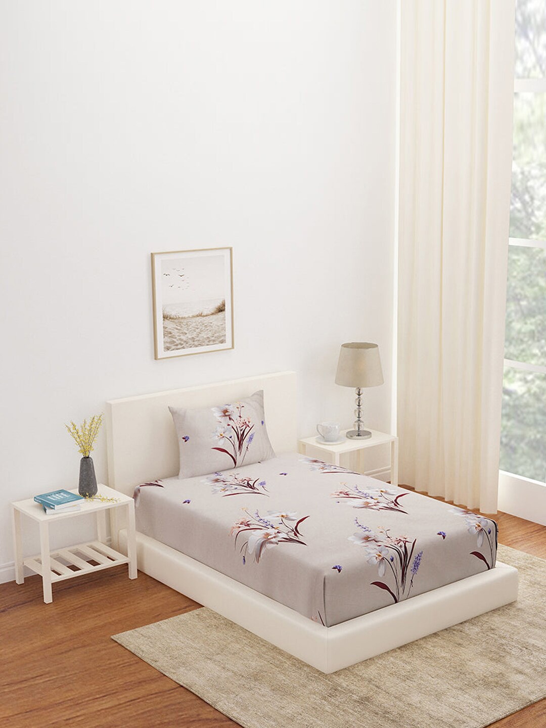 

Athome by Nilkamal Beige & Grey Floral 180 TC Single Bedsheet with 2 Pillow Covers