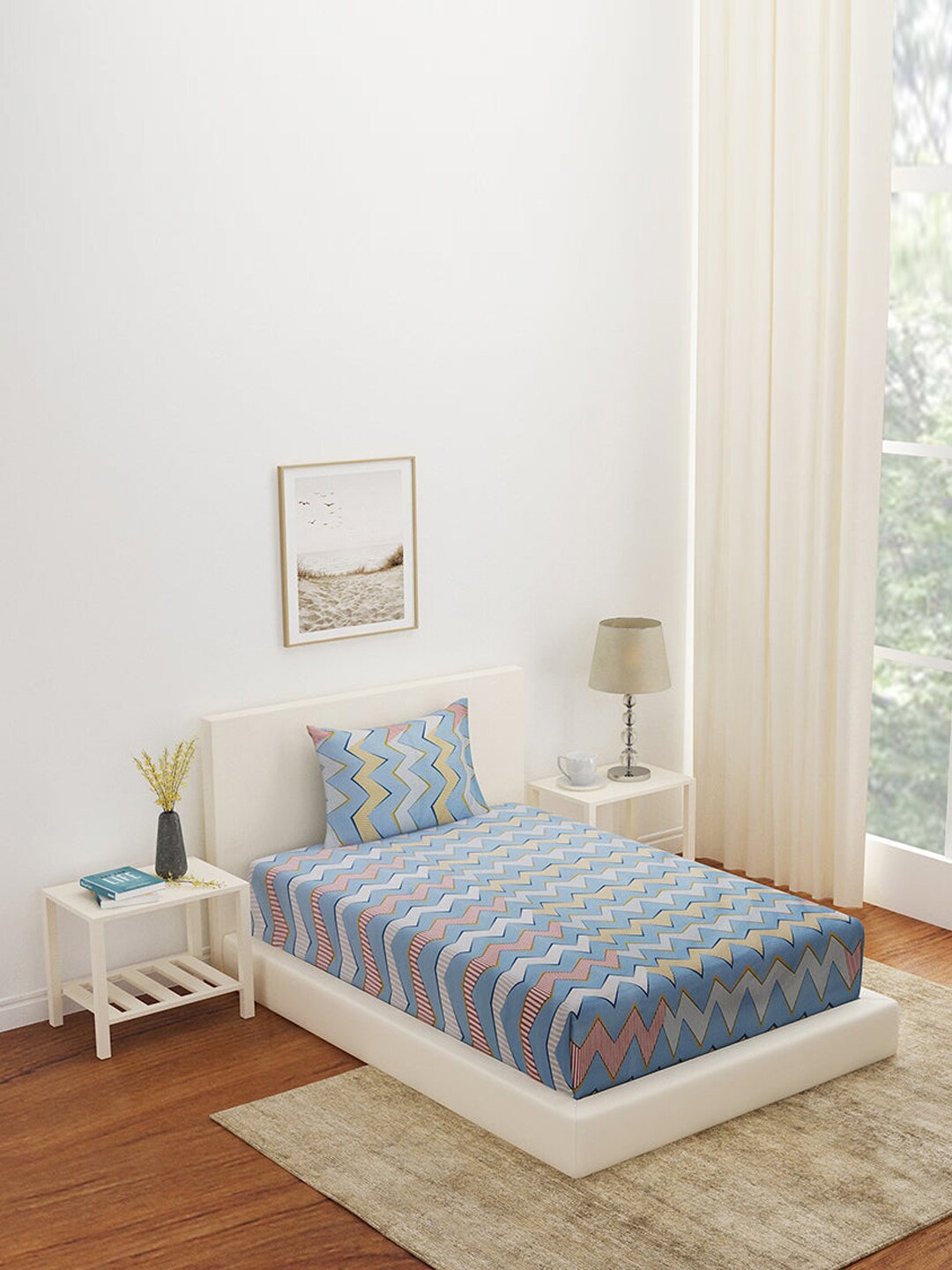 

Athome by Nilkamal Blue & White Geometric 180 TC Single Bedsheet with Pillow Cover