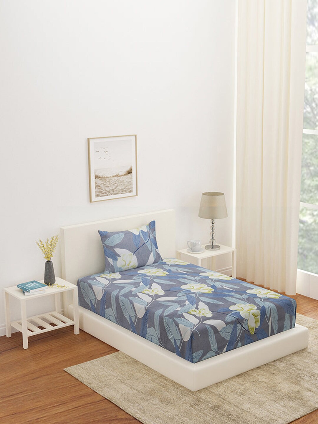 

Athome by Nilkamal Grey & Off White Floral 180 TC Single Bedsheet with 2 Pillow Covers