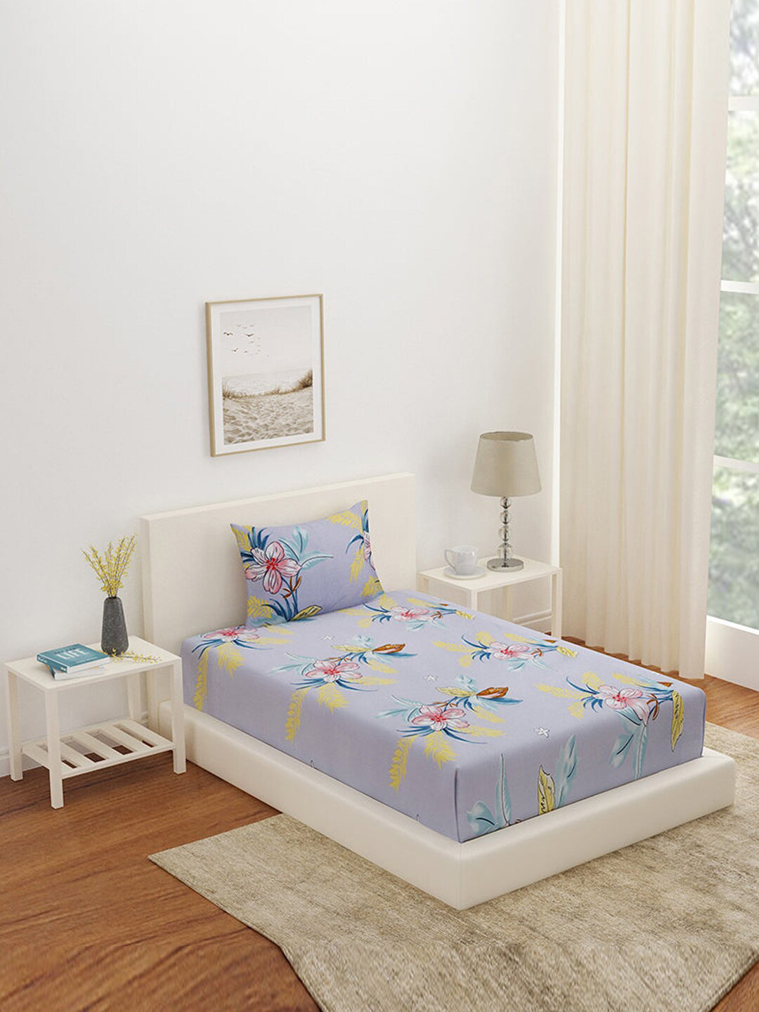 

Athome by Nilkamal Blue & White Floral 180 TC Single Bedsheet with Pillow Cover