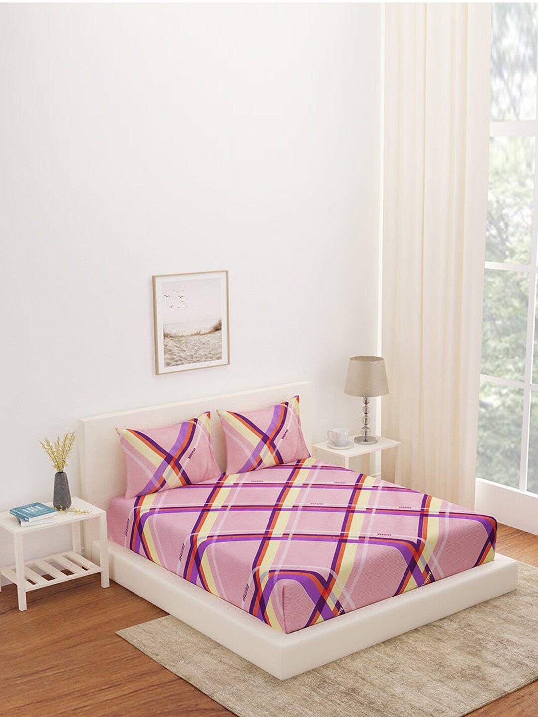 

Athome by Nilkamal Pink & Purple Geometric 180 TC Queen Bedsheet with 2 Pillow Covers