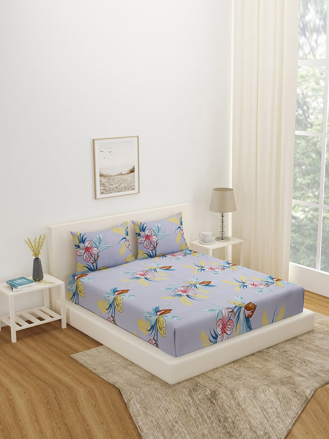 

Athome by Nilkamal Blue & Pink Floral 180 TC Queen Bedsheet with 2 Pillow Covers