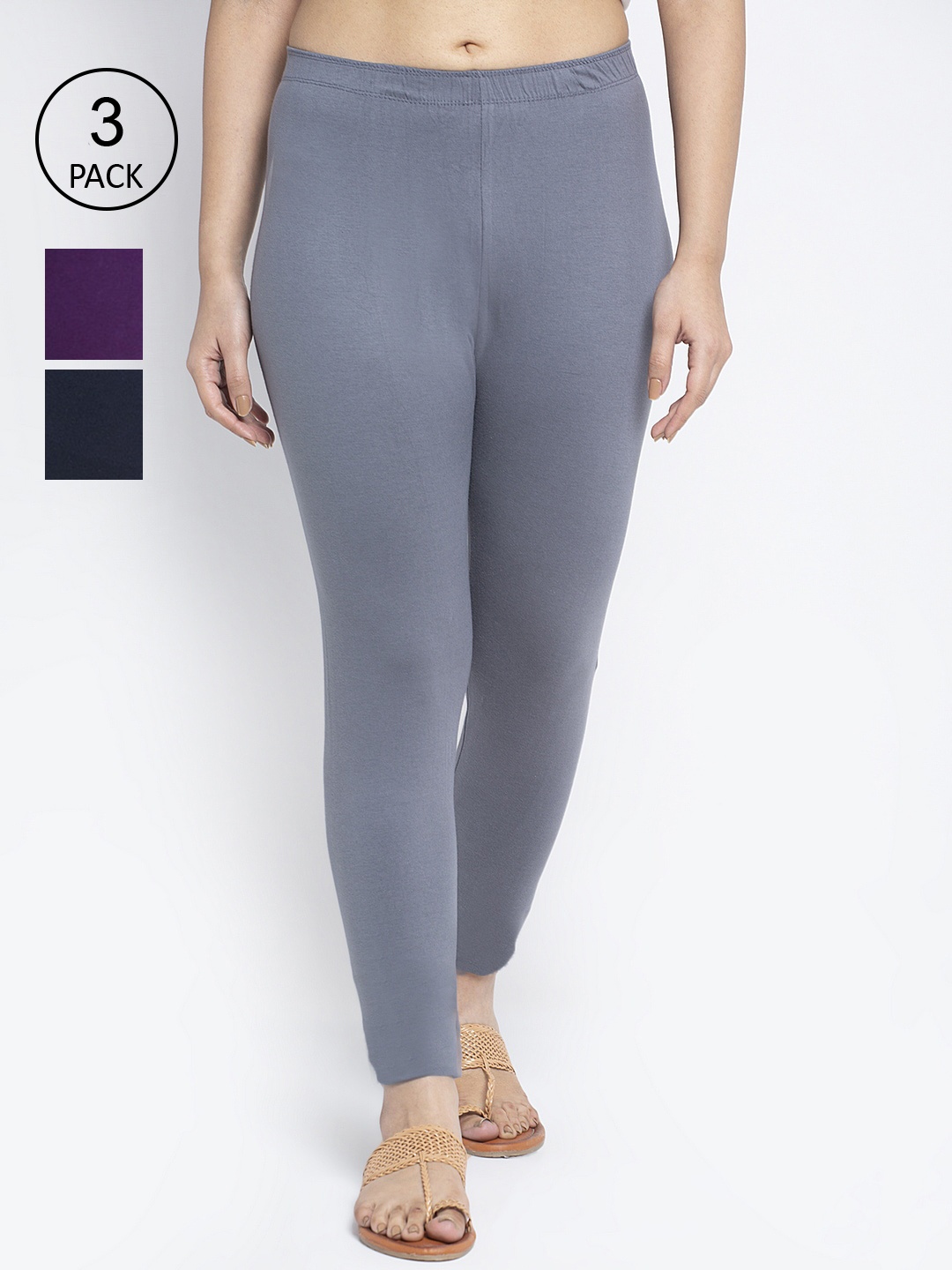 

GRACIT Women Cotton Ankle Length Leggings Pack Of 3, Grey