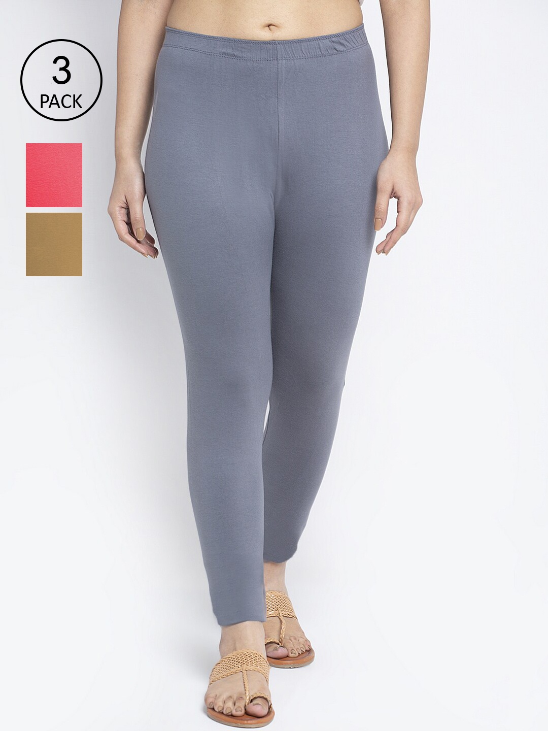 

GRACIT Women Cotton Ankle Length Leggings Pack Of 3, Grey