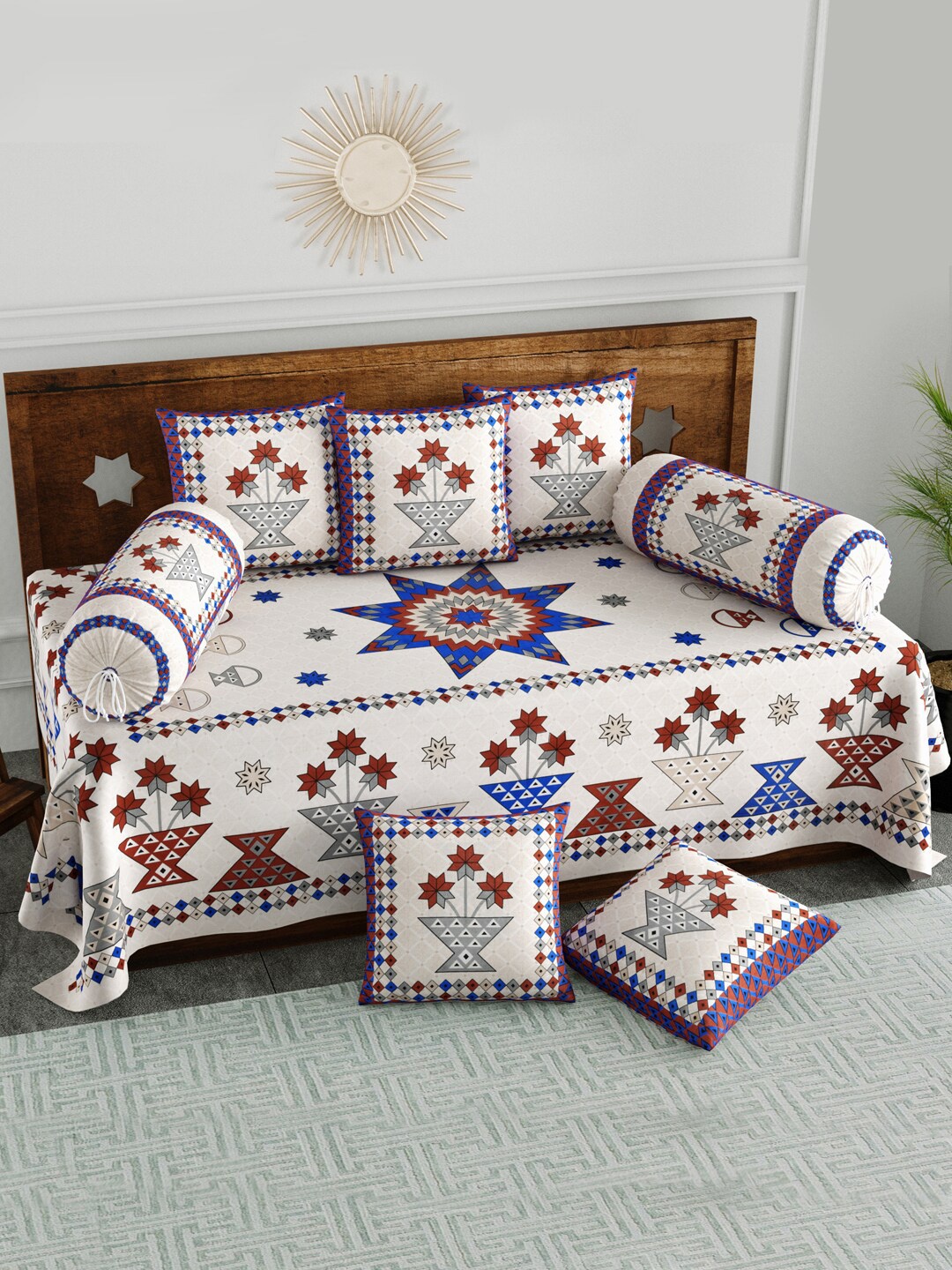 

BLOCKS OF INDIA Set Of 8 White & Maroon Printed Cotton Diwan Set