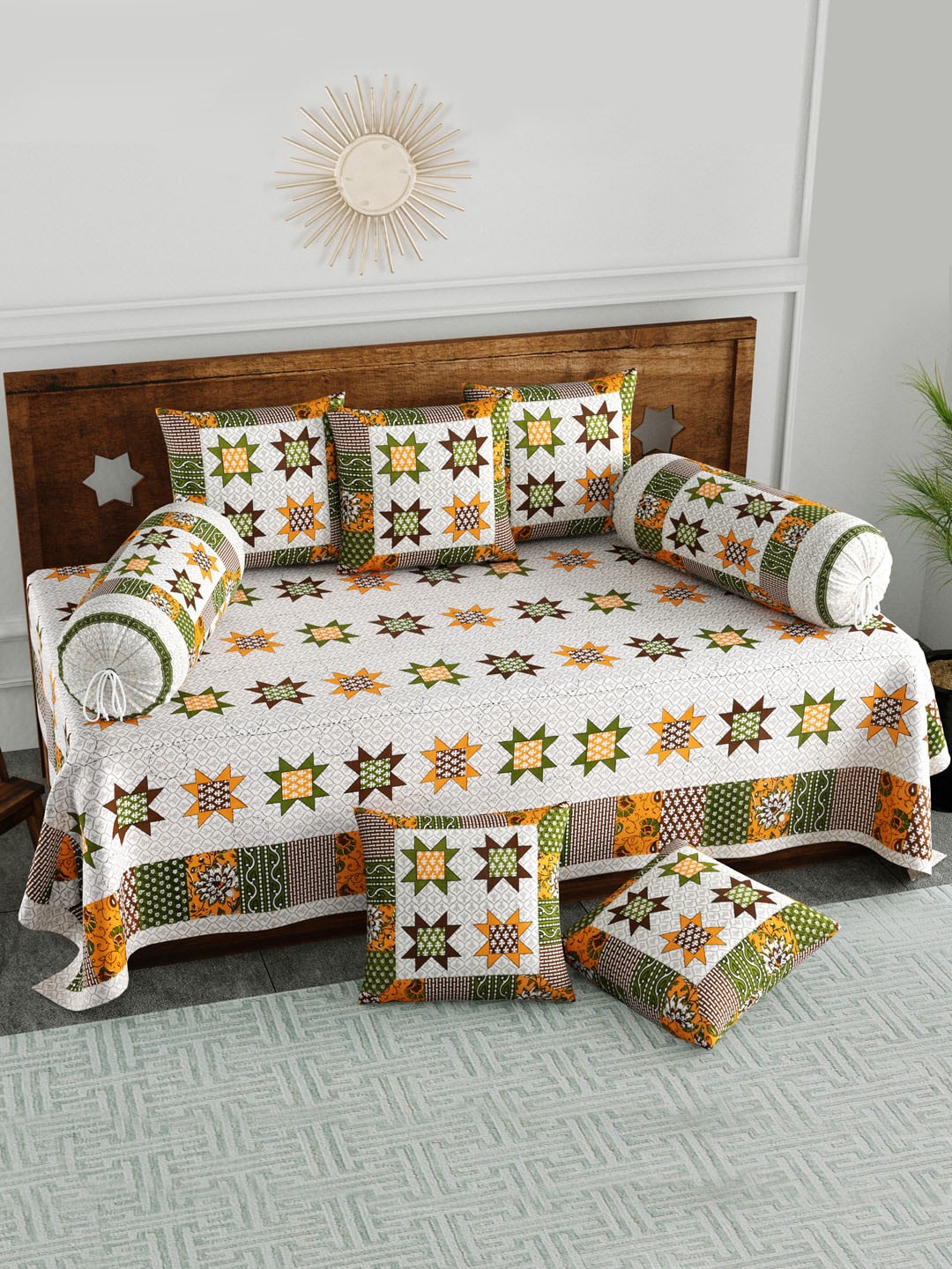 

BLOCKS OF INDIA Set Of 8 Green & White Printed Cotton Diwan Set