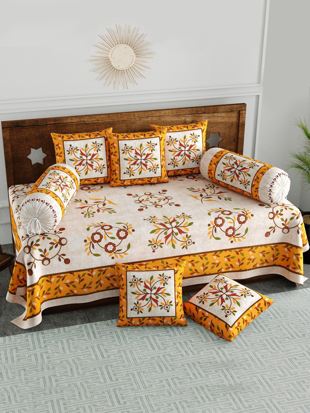 

BLOCKS OF INDIA Set Of 8 Yellow & White Printed Cotton Diwan Set