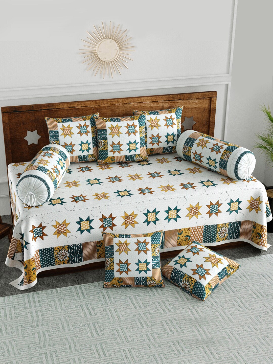 

BLOCKS OF INDIA Set Of 8 White & Teal Green Printed Cotton Diwan Set