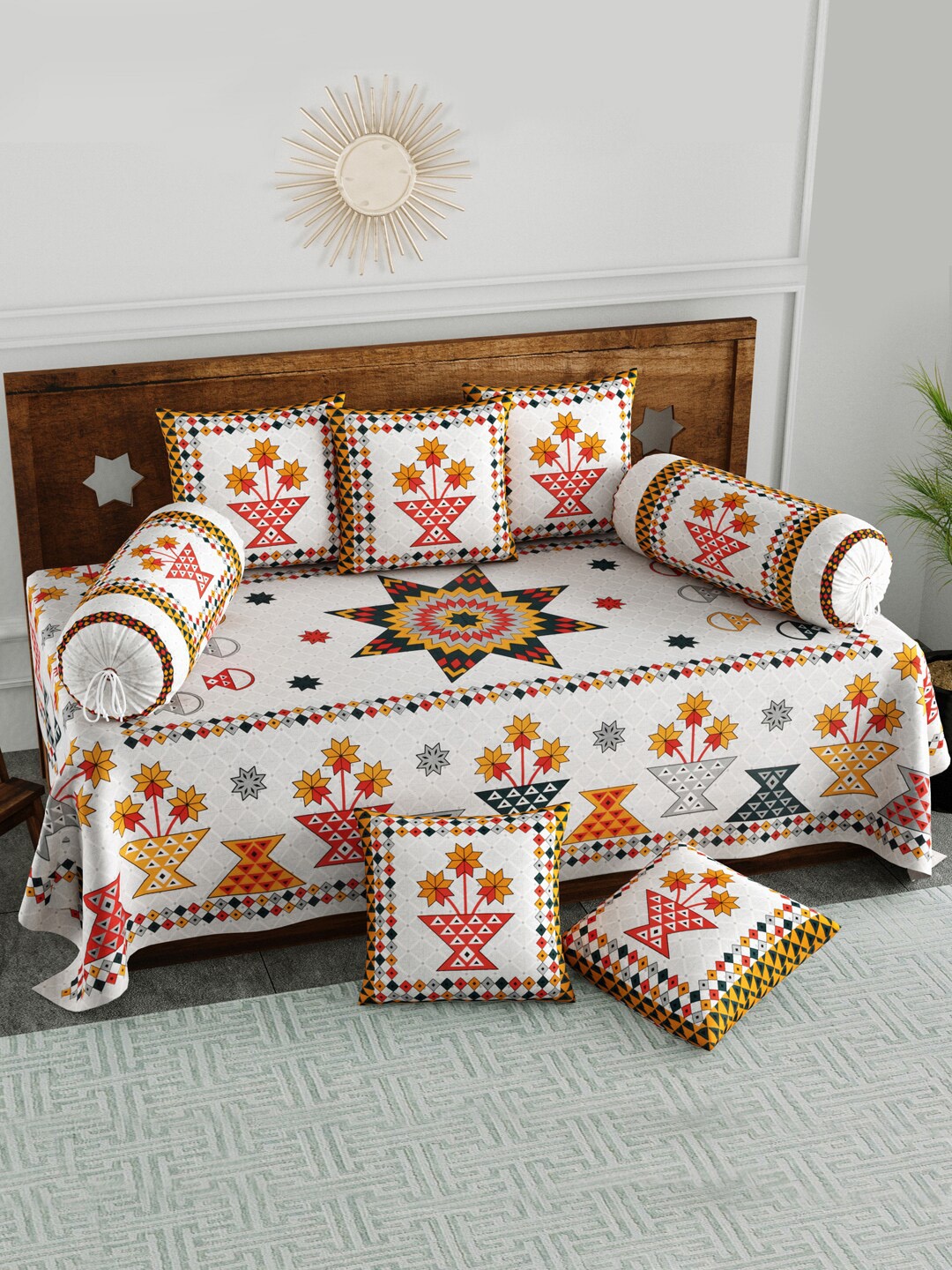 

BLOCKS OF INDIA Set of 8 Yellow & White Printed Cotton Diwan Set