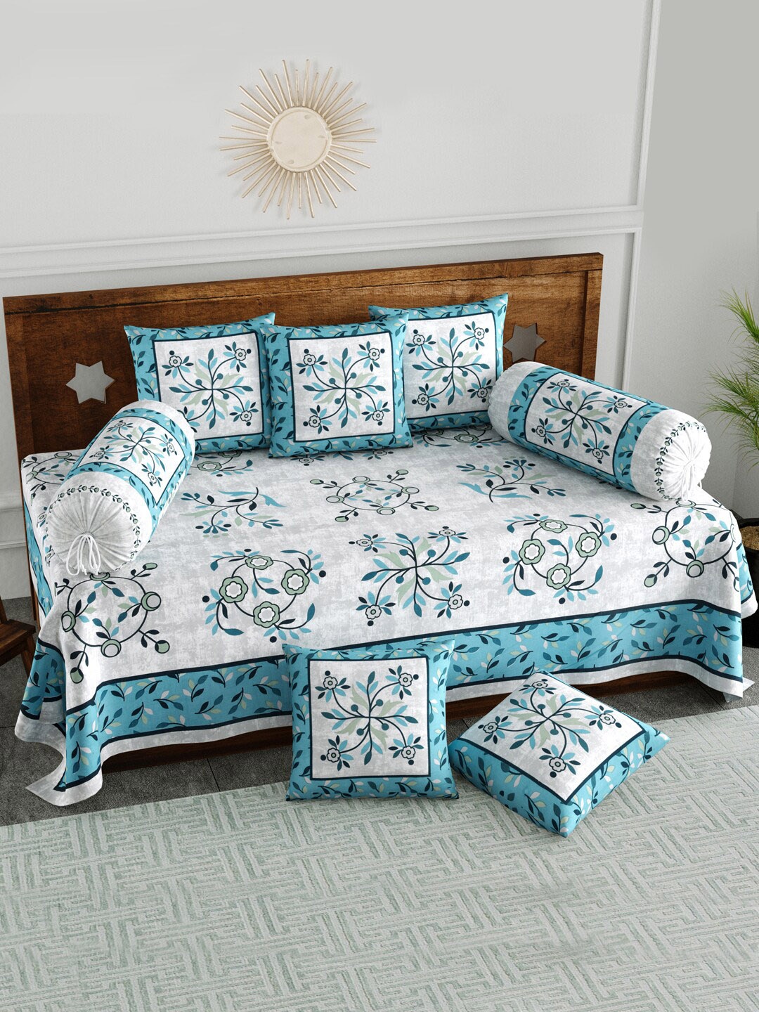 

BLOCKS OF INDIA Set Of 8 Turquoise Blue & White Printed Cotton Diwan Set