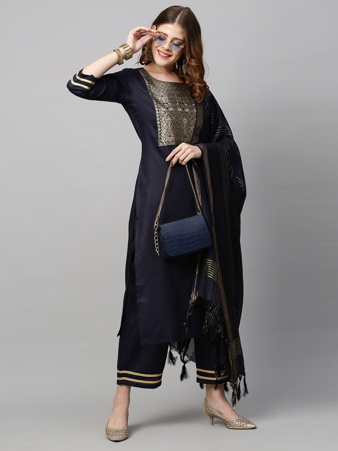 

KALINI Women Navy Blue Floral Yoke Design Kurta with Palazzos With Dupatta