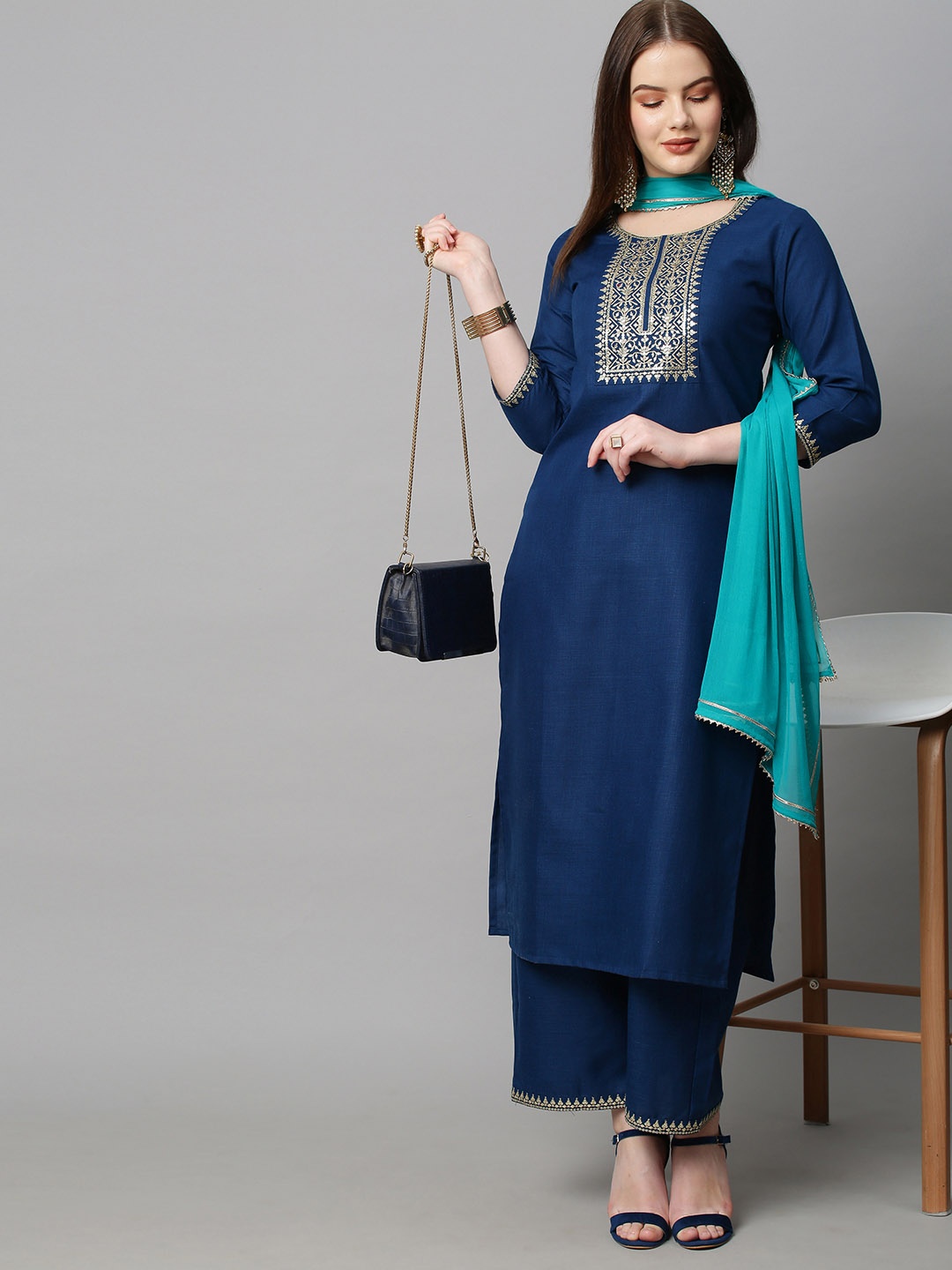 

KALINI Women Blue Ethnic Motifs Yoke Design Kurta with Palazzos & With Dupatta