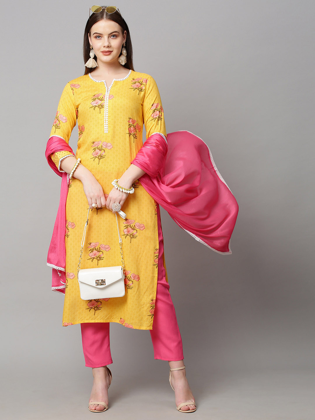 

KALINI Women Yellow Floral Printed Kurta with Trousers & Dupatta
