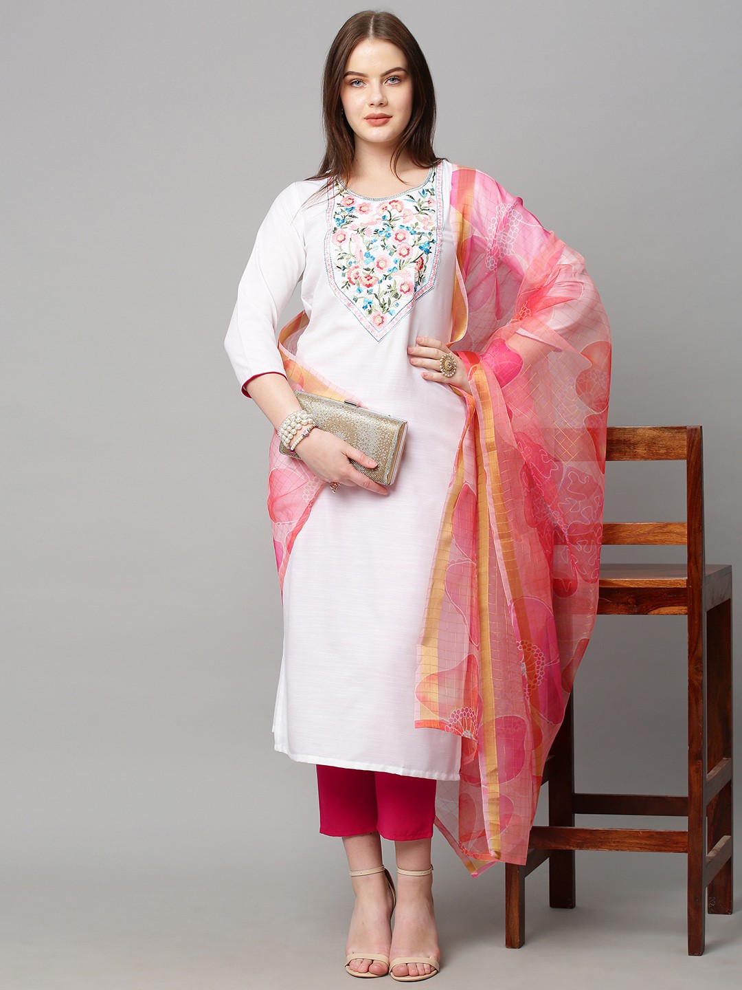 

KALINI Women White Floral Yoke Design Kurta with Trousers & Dupatta