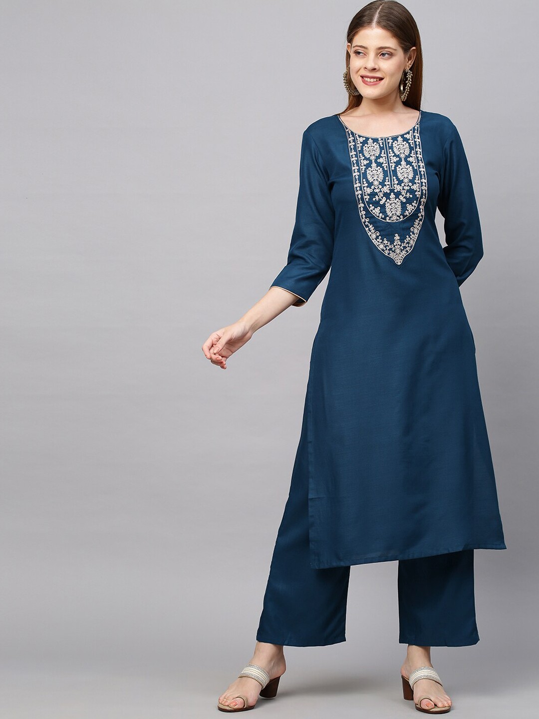 

KALINI Women Blue Floral Yoke Design Thread Work Kurta with Palazzos