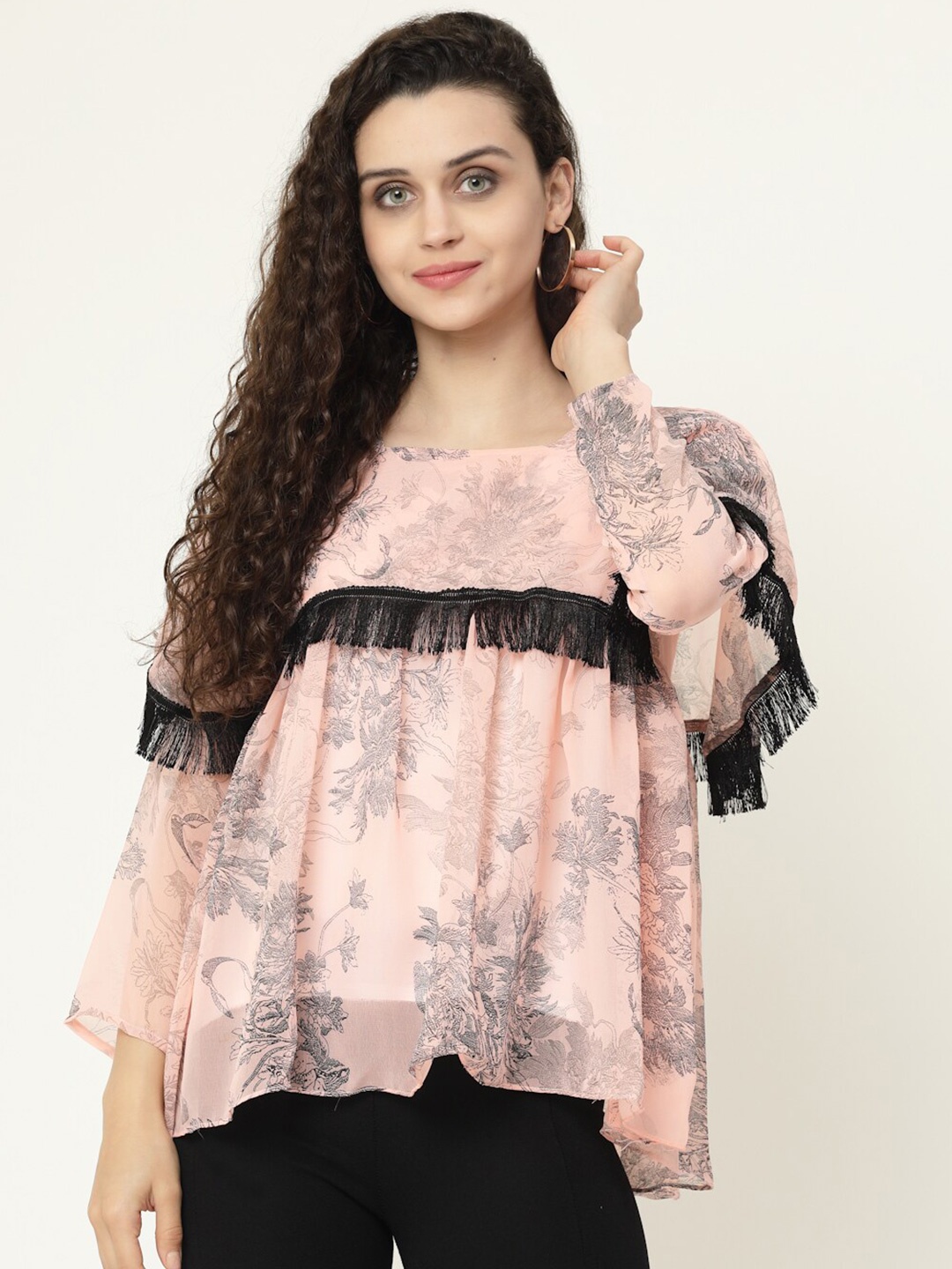 

MISS AYSE Women Peach-Coloured & Black Floral Printed Georgette Top