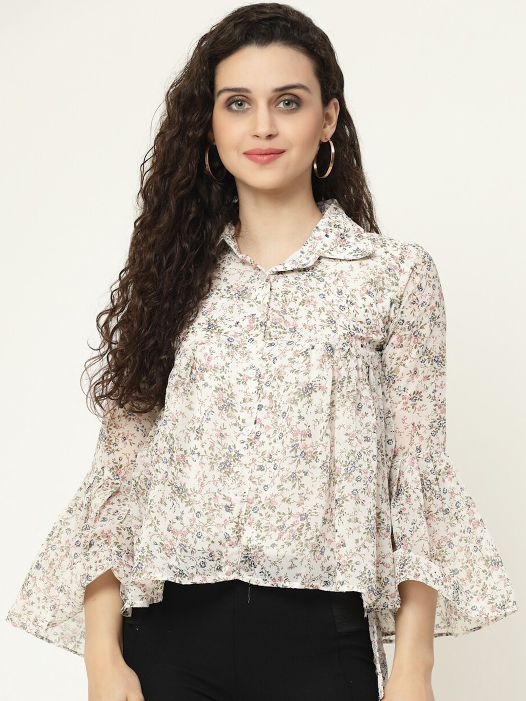 

MISS AYSE Women White Floral Print Georgette Shirt Style Top