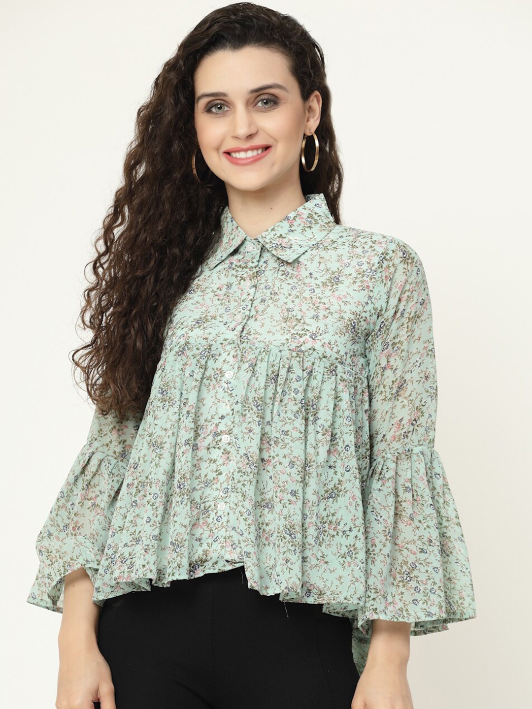 

MISS AYSE Women Green Floral Print Georgette Shirt Style Top