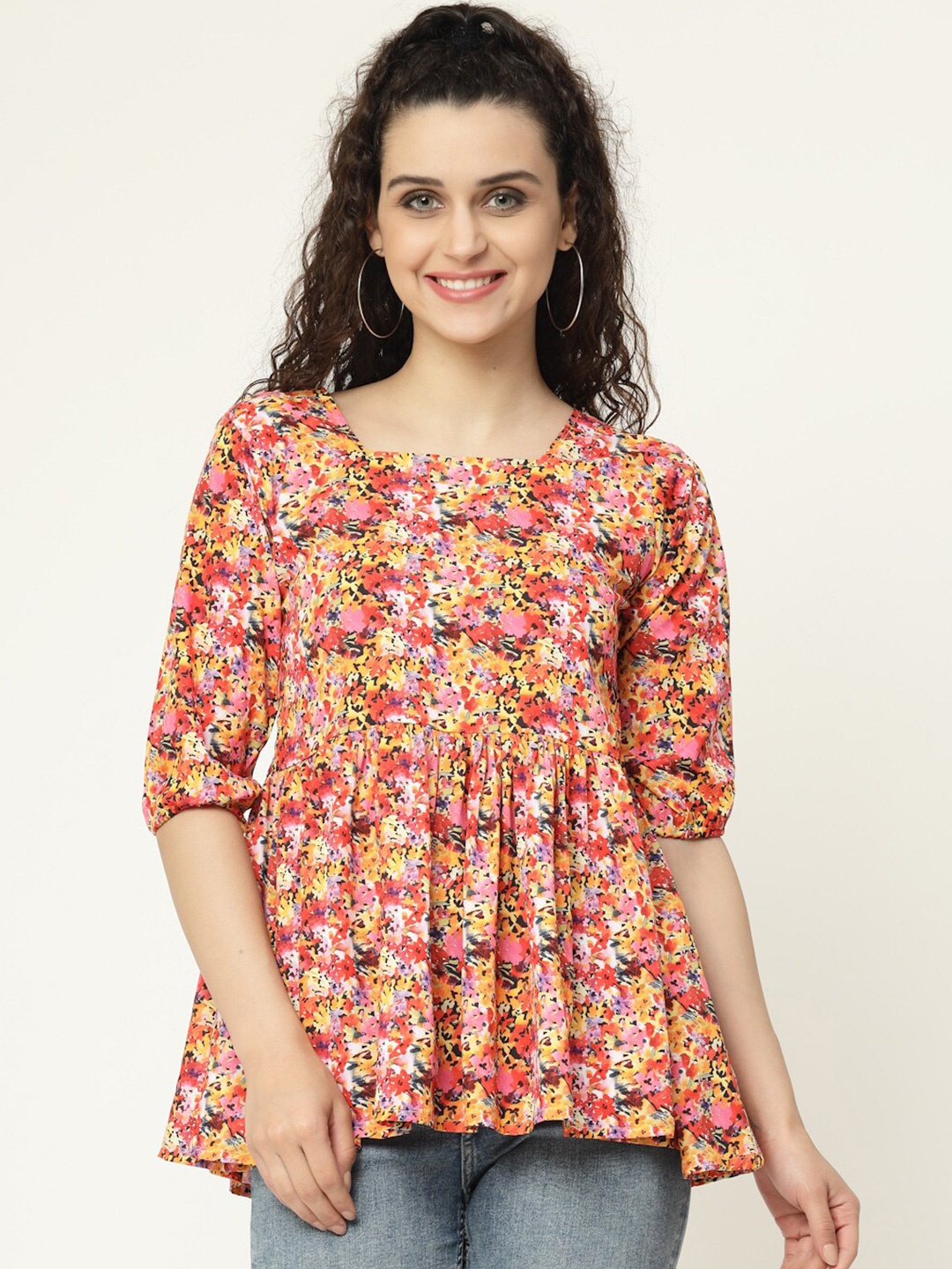 MISS AYSE Women Pink & Orange Floral Printed Crepe Empire Top