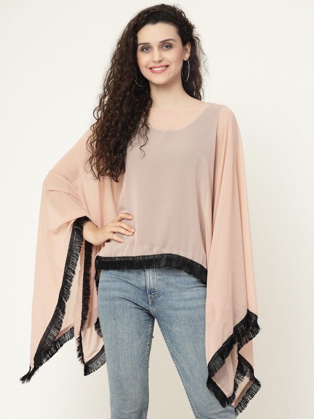 

MISS AYSE Peach-Coloured & Black Georgette Kaftan Top