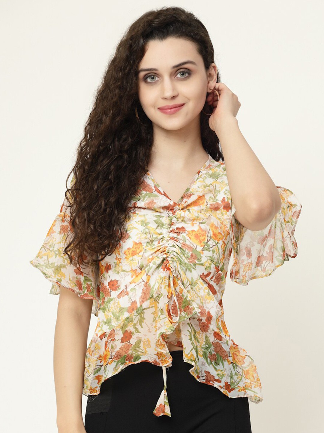 

MISS AYSE Women Beige & Orange Floral Printed Georgette Top