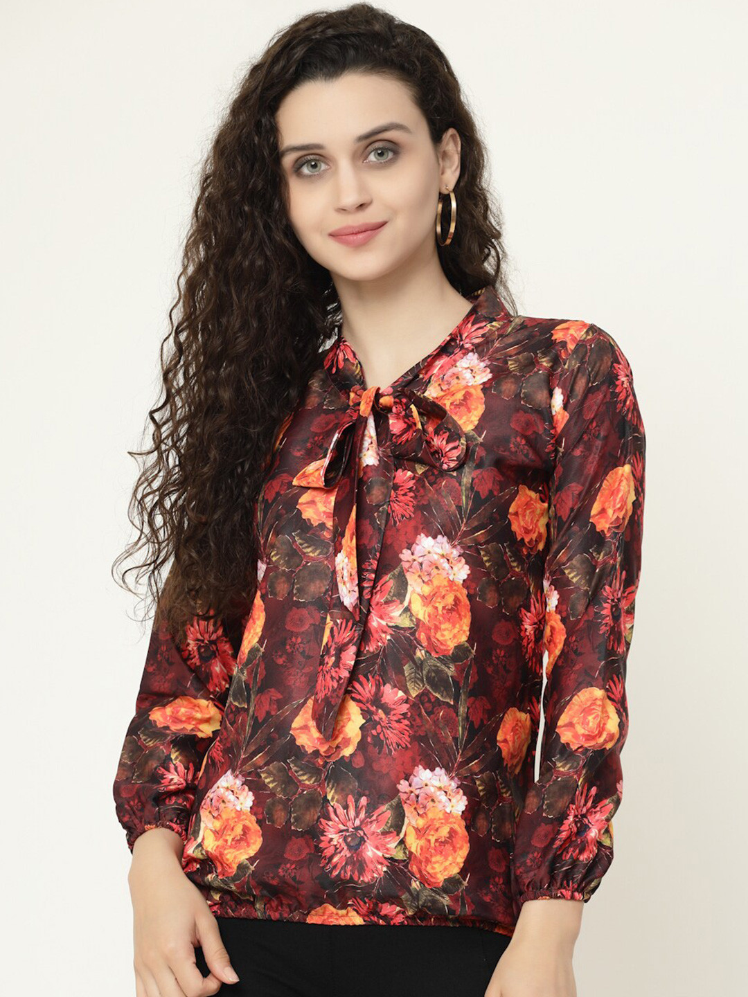 

MISS AYSE Women Maroon & Orange Floral Print Tie-Up Neck Blouson Top
