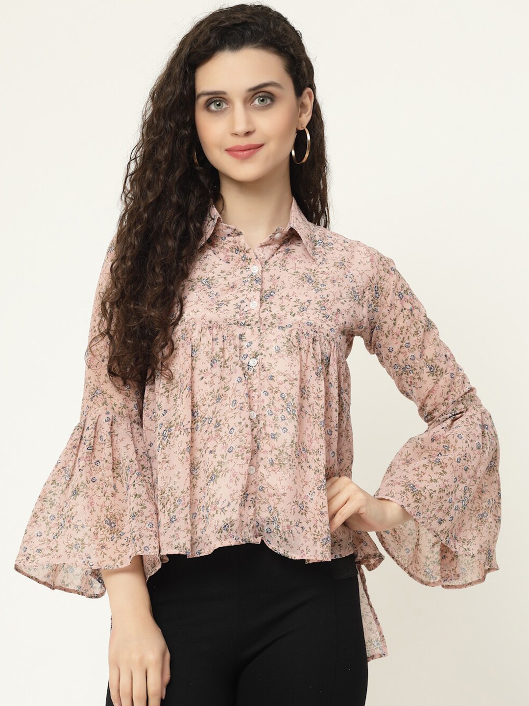 

MISS AYSE Women Peach-Coloured Floral Print Georgette Shirt Style Top