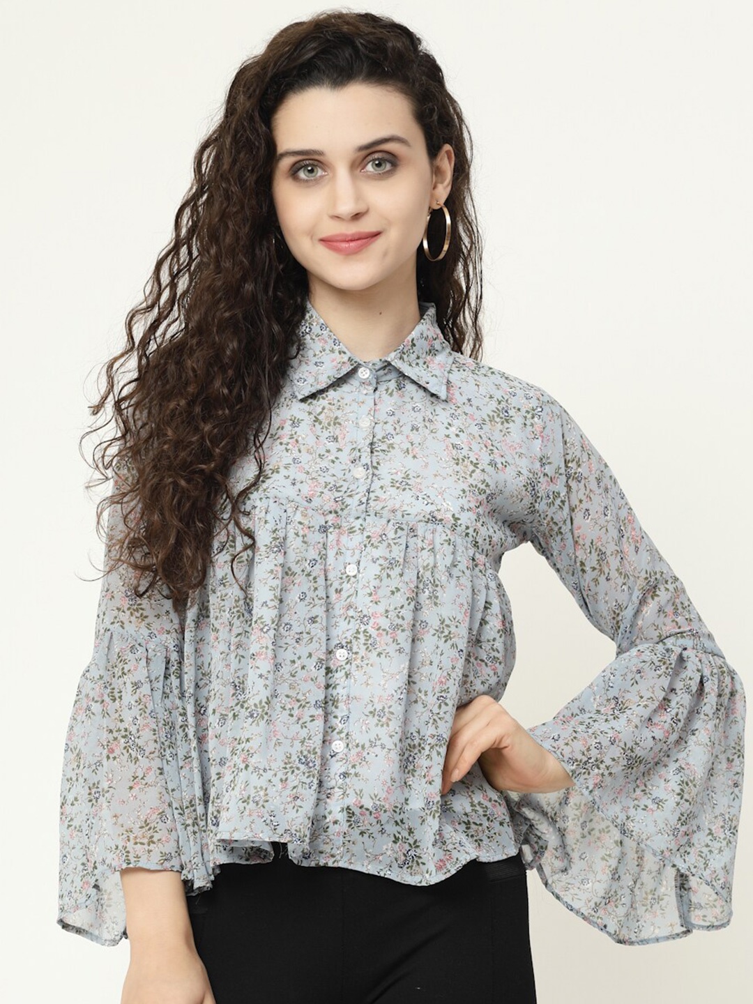 

MISS AYSE Women Grey Floral Print Georgette Shirt Style Top