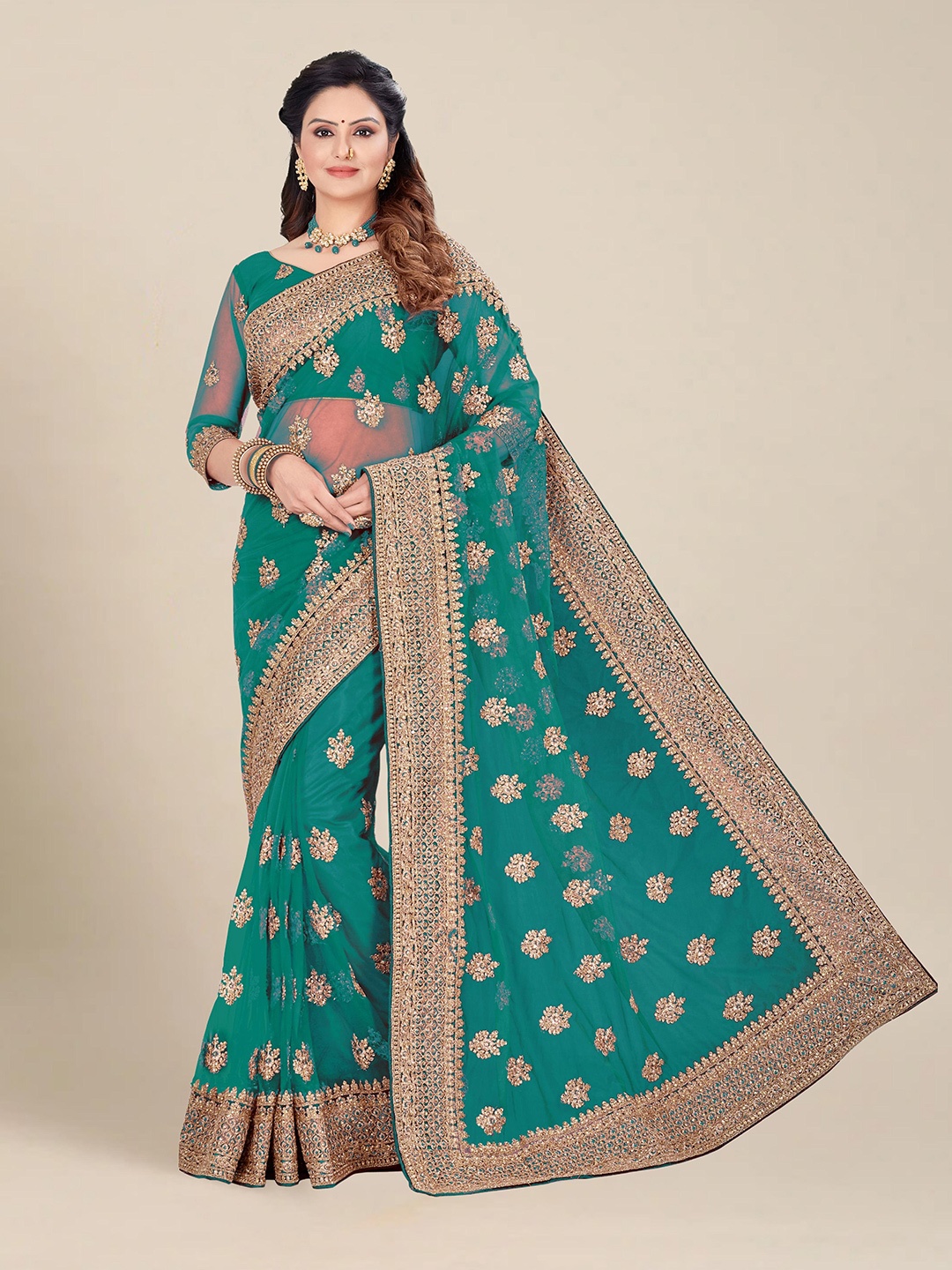 

MS RETAIL Teal & Gold-Toned Embellished & Embroidered Net Heavy Work Saree