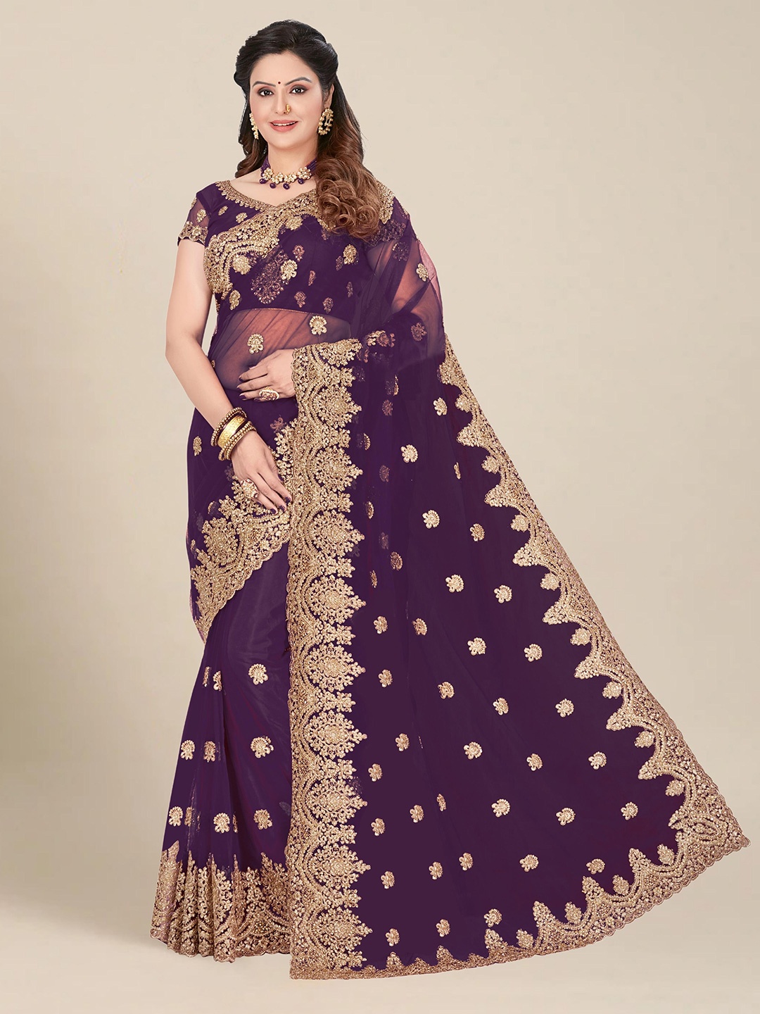 

MS RETAIL Purple & Gold Toned Embellished & Embroidered Net Heavy Work Saree