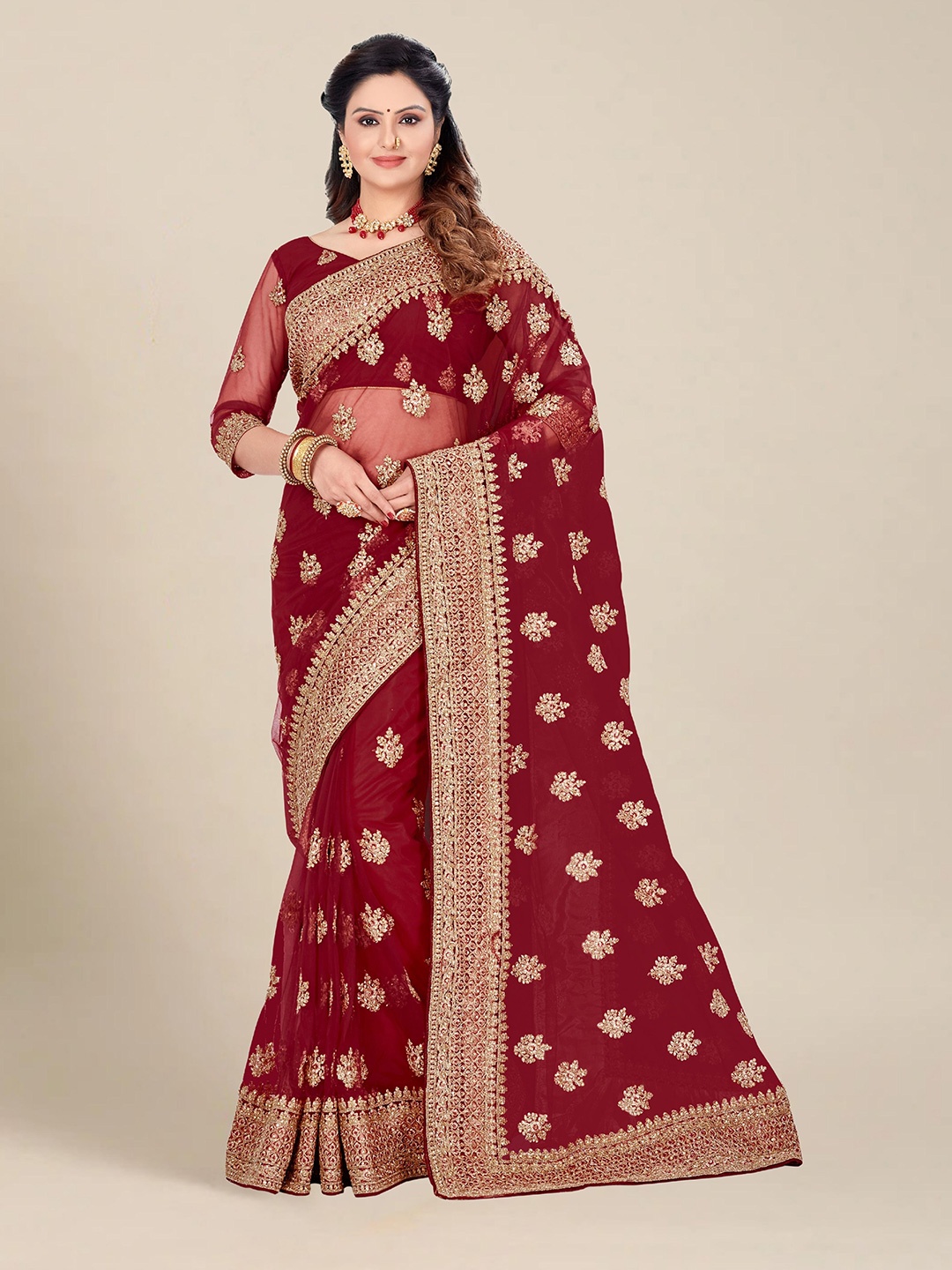 

MS RETAIL Maroon & Gold-Toned Floral Embroidered Net Heavy Work Saree