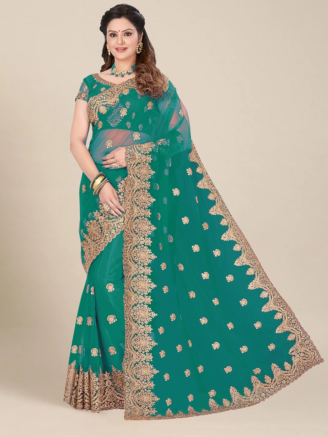 

MS RETAIL Teal & Gold-Toned Ethnic Motifs Embroidered Net Heavy Work Saree