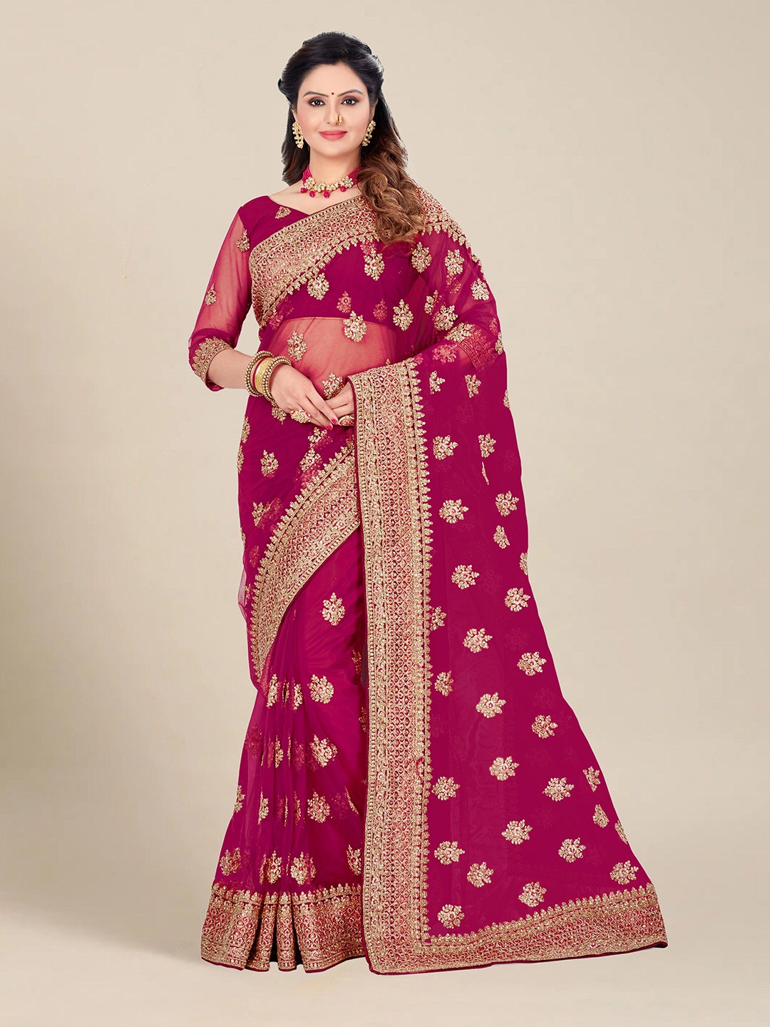 

MS RETAIL Pink & Gold-Toned Embellished & Embroidered Net Heavy Work Saree