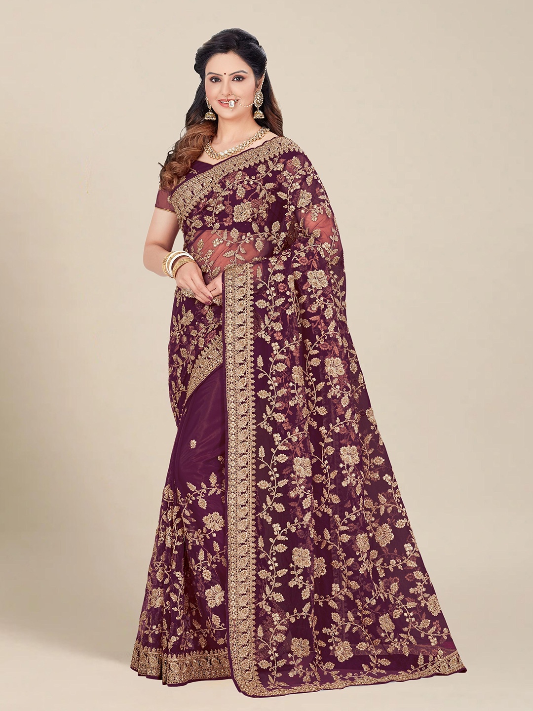 

MS RETAIL Mauve & Gold-Toned Floral Embroidered Net Heavy Work Saree