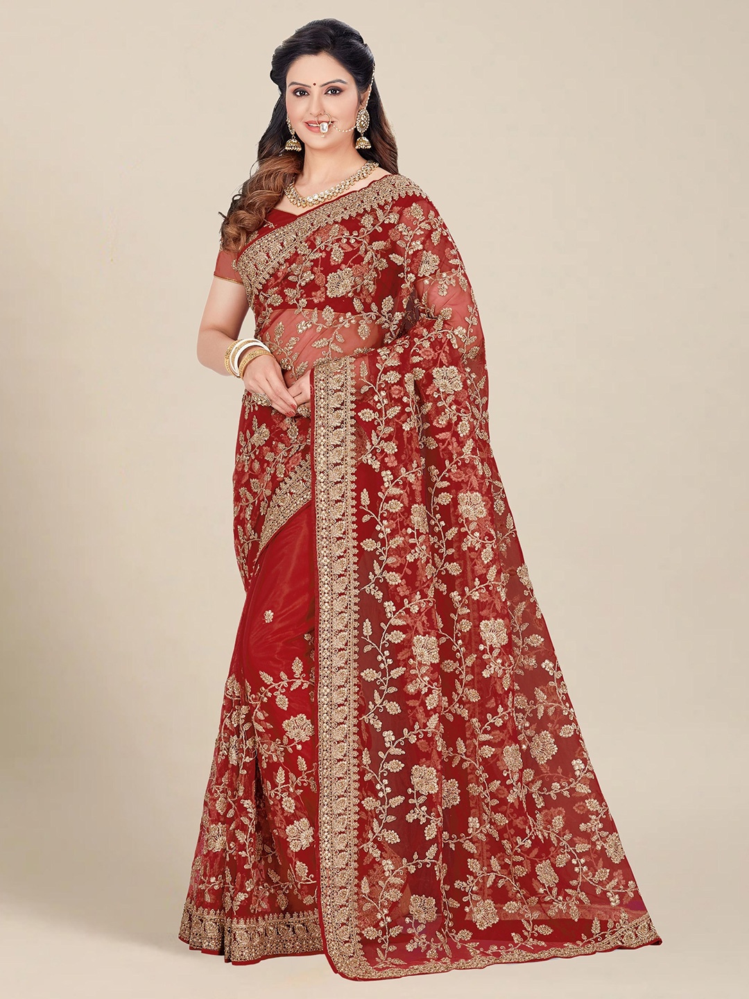 

MS RETAIL Red & Gold-Toned Floral Embroidered Net Heavy Work Saree