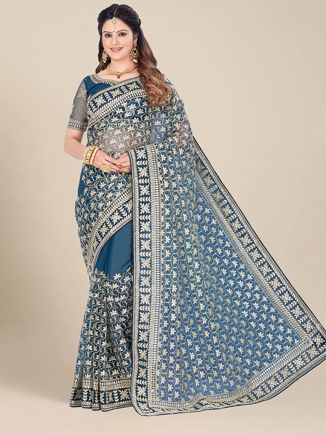 

MS RETAIL Blue & Gold-Toned Embellished & Embroidered Net Heavy Work Saree