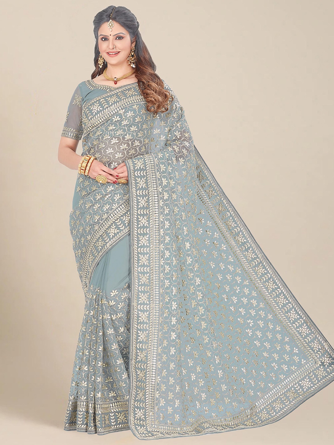 

MS RETAIL Grey & Silver-Toned Floral Embroidered Net Heavy Work Saree