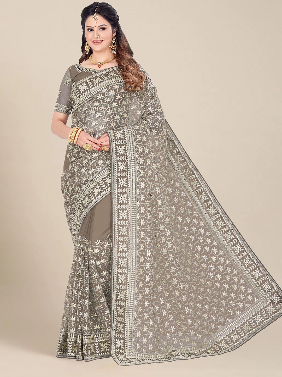 

MS RETAIL Beige & Gold-Toned Embellished & Embroidered Net Heavy Work Saree