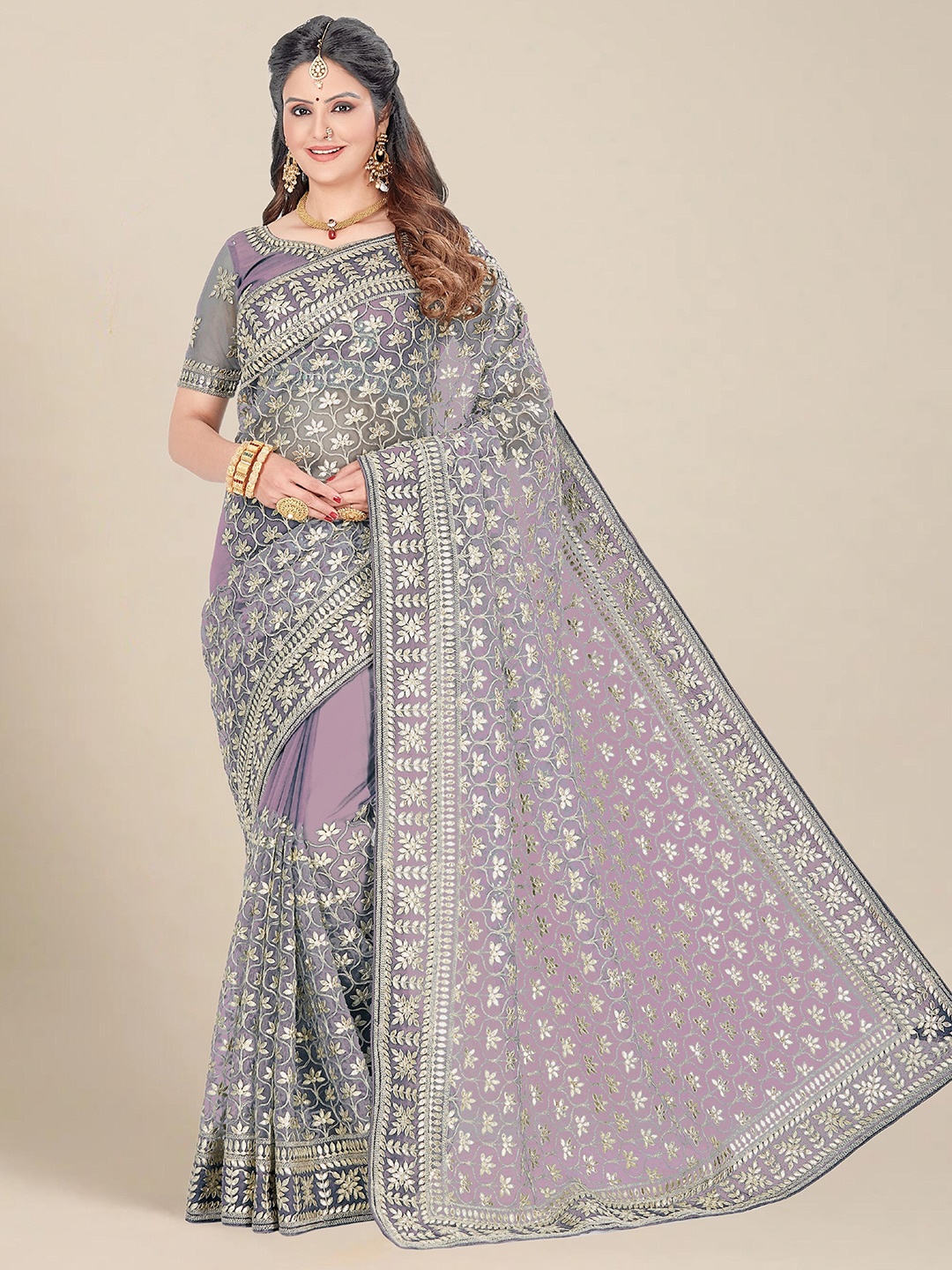 

MS RETAIL Purple & Silver-Toned Floral Embroidered Net Heavy Work Saree