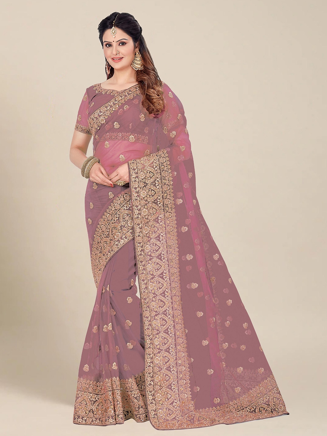 

MS RETAIL Pink & Gold-Toned Floral Embroidered Net Heavy Work Saree